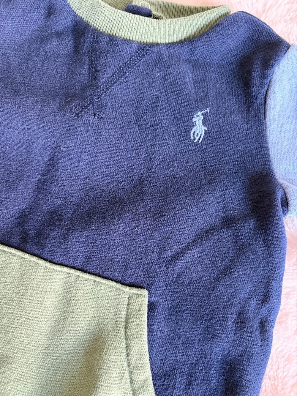 Ralph Lauren Navy One-Piece with Light Blue Sleeves and Green Trim - Picture 2 of 4